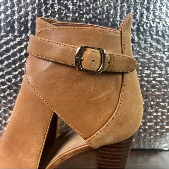 Vince Camuto Venica Bootie Size 10 Eu 40 Tan Buckled Leather 5 In Heel Open Toe - Picture 7 of 14
